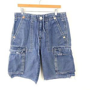 True Religion ISAAC Cargo Shorts Mens Size 32 Blue Y2K MAR841EH Raw Hem Retro